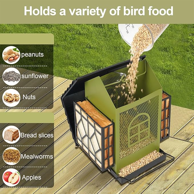 Bird Feeder, Squirrel Proof Outdoor & Hanging Wild Bird Feeders, Large Capacity Metal Bird Feeder with Weatherproof Roof, Attracts Cardinals, Finches, Blue Jays (Green)