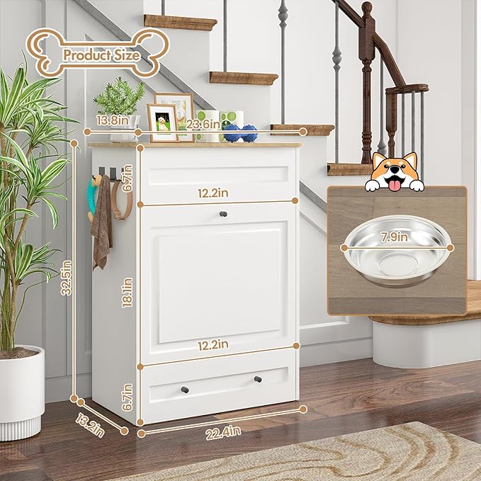 Dog Feeding Station with Storage Cabinet, Hidden Elevated Bowls for Medium & Large Dogs, Dog Food Cabinet Organizer with Hooks for Pet Supplies, Slow Feeder & Stainless Steel Bowls (White)