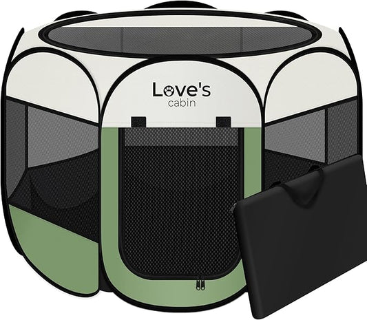 Love's cabin Pet Puppy Dog Playpen, Large Dog Tent Crates Cage Indoor/Outdoor, Portable Playpen for Cat, Foldable Pop Up Dog Kennel Playpen with Carring Case, Removable Zipper Top, Olive Green
