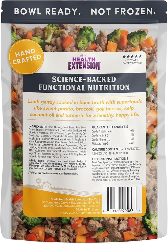Health Extension Gently Cooked Lamb & Carrot Dog Food, Human-Grade & Shelf-Stable with Superfoods, Supports Digestion, Immunity, Skin & Coat, 9 oz Pouch (Pack of 5)