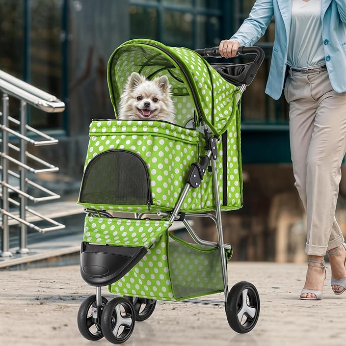 Magshion 3-Wheel Pet Stroller, Foldable Travel Jogger for Small & Medium Dogs & Cats (Up to 33lbs), Lightweight Carrier with Breathable Mesh Cover, Cup Holder & Storage Basket, Lawn Green Polka Dots