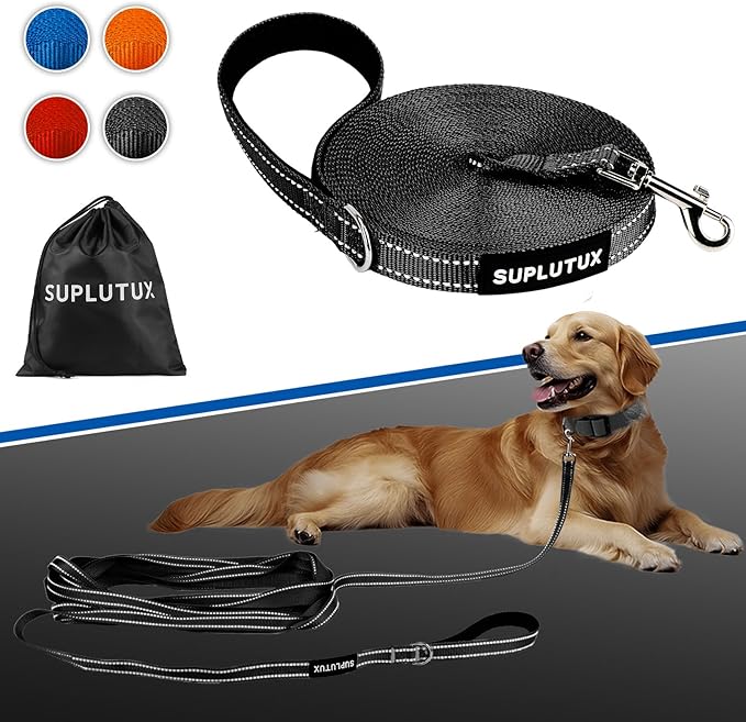 Reflective Dog Leash–10FT/16FT/30FT/50FT/100FT Durable Nylon Training Leash with Heavy-Duty Metal Clasp, High Visibility for Night Walking, Perfect for Small, Large Dogs (Black, 100FT)