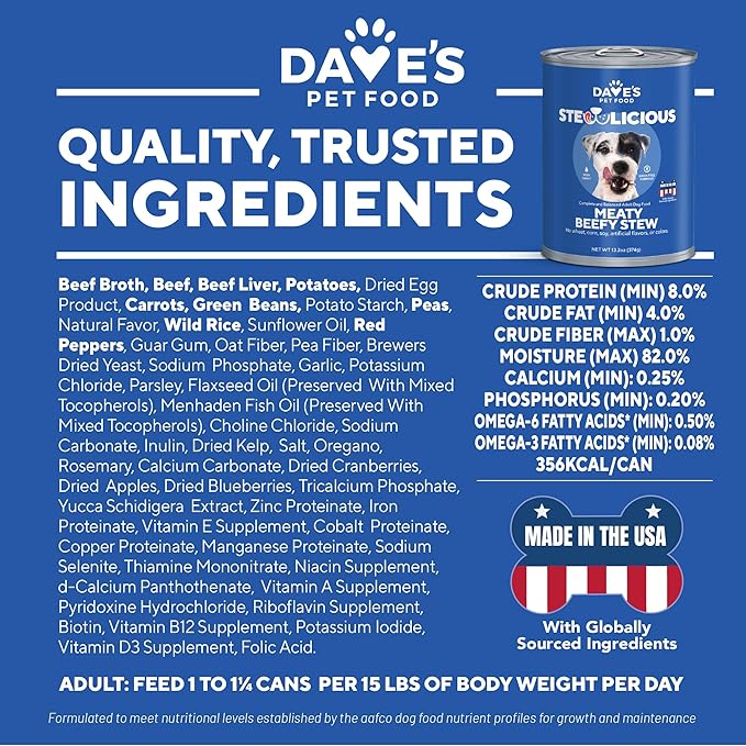 Dave's Pet Food Stewlicious Soft Dog Food Wet (Meaty Beef Stew), Made in USA Canned Topper, Gluten Free, Small to Large Breeds 13.2 oz (12 Pack)