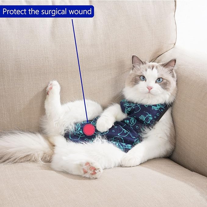 Cat Surgery Recovery Suit Cat Onesie for Cats After Surgery for Surgical Abdominal Wound Or Skin Diseases E-Collar Alternative Wear Neutering Bodysuit Wear (Dark-Blue-L)