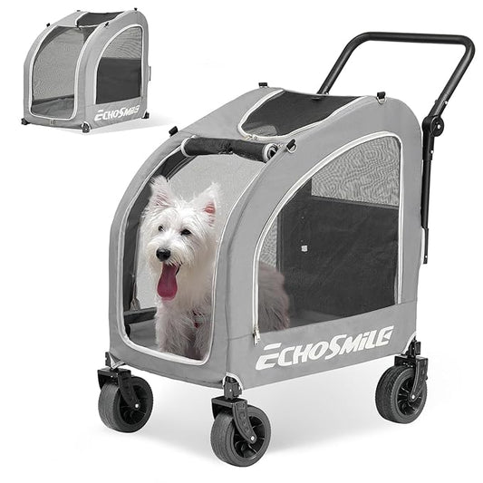 EchoSmile 4 Wheels Pet Stroller, Foldable Dog & Cat Stroller for All-Season, Lightweight Carrier with Storage Basket, Adjustable Handle, Removable Pad, Breathable Mesh, Up to 135 lbs, Grey