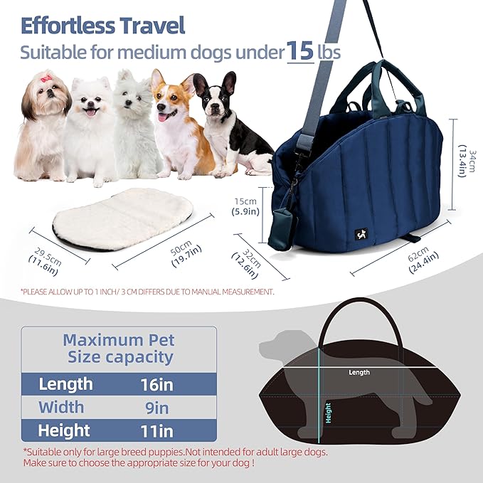 Sytopia Dog Bag Carrier for Small and Medium Dogs, Waterproof and Washable, Travel Pets Purse up to 15 Lbs, Car Seat & Bed, Adjustable Leashes, Navy Blue