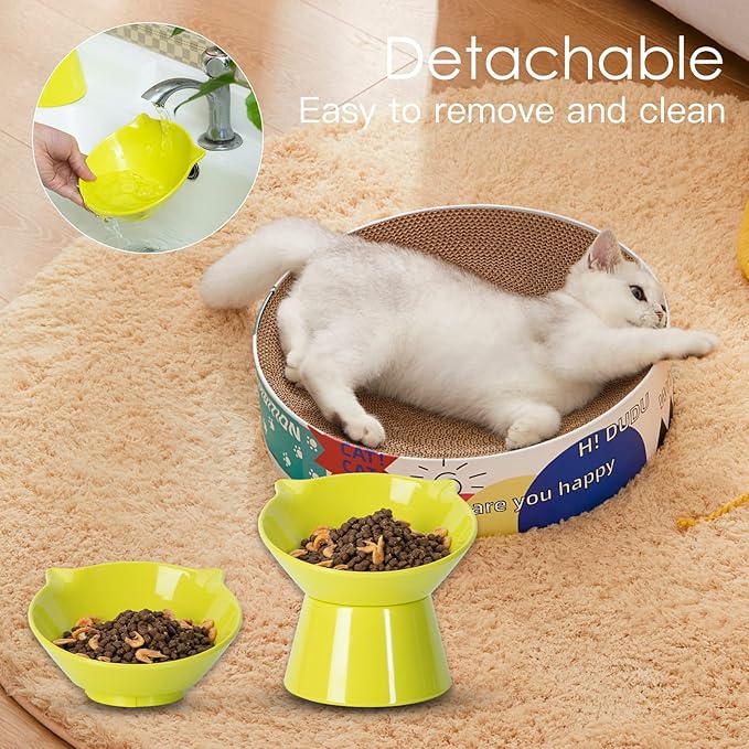 Detachable Elevated Cat Bowls, 15° Tilted Raised Cat Food Bowl Anti-Vomiting,Whisker Friendly, Adjustable Pet Dishes for Protecting Spine, cat Bowls for Indoor Cats Adult Kitten