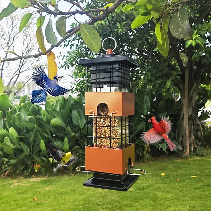 Squirrel Proof Bird Feeders, Metal Bird Feeder for Outdoors, 3 Lbs Birdfeeder Outside Hanging, Weight Activated Spring, 4 Feeding Ports, Finches, Cardinals, Wild Birds, Brown