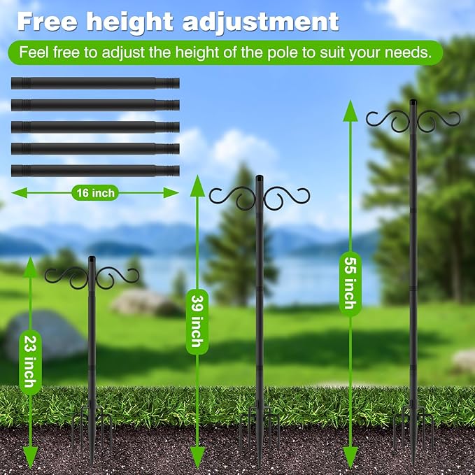 Double Shepherds Hooks for Outdoor,2 Pack 55 Inch Bird Feeder Pole with 5 Prongs Base,Heavy Duty Shepherds Hook,Suitable for Garden in Hanging Flower Basket,Lantern,Bird Nests (2 Pack 55 inch)