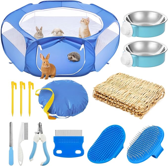 16 Pcs Large Rabbit Starter Kit, 47.2" x 47.2" x 15" Waterproof Rabbit Playpen, Animal Grooming Kit, Storage Bag, Food Water Bowls, Grass Rugs for Bunny, Adult Guinea Pigs, Ferret, Hamster