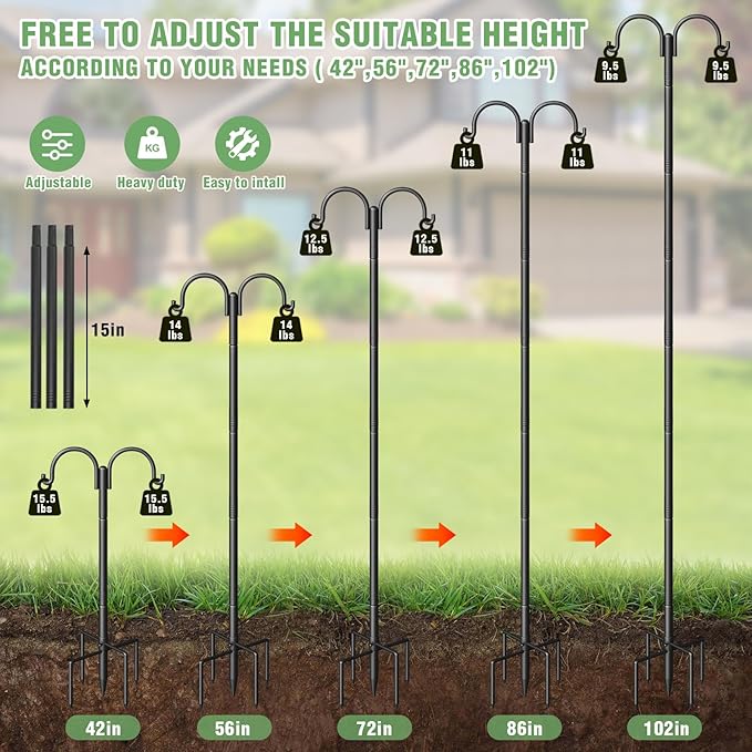 Double Shepherds Hooks for Outdoor, Heavy Duty Bird Feeder Pole with 5-Prong Base - Rust-Proof, Adjustable Bird Feeder Hanger for Garden, Wedding Decor & Hanging Plants