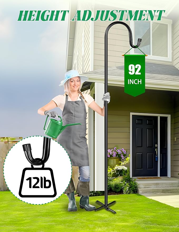 XDW-GIFTS Bird Feeder Pole for Outdoor, 2-Pack 92 Inch Shepherds Hooks Heavy Duty Garden Pole for Hanging Plant Basket, Solar Light Lanterns, Garden Plant Hanger Stands with 5 Base Prongs