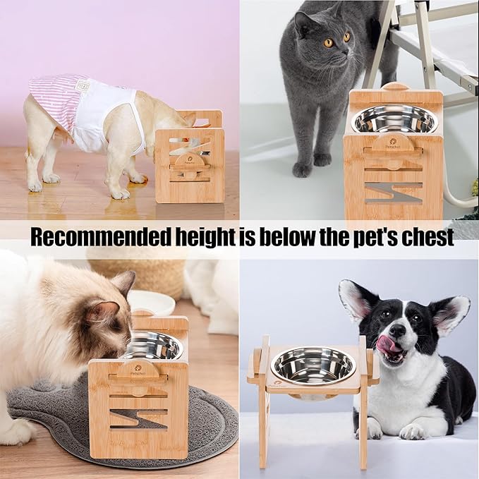 Elevated Dog Bowls, 6 Heights Adjustable Raised Dog Bowl 2.4″-6.7″, with Food Grade 304 Stainless Steel 15 OZ, Bamboo Dog Bowl Stand for Small & Medium Dogs Cats, 2 Pack