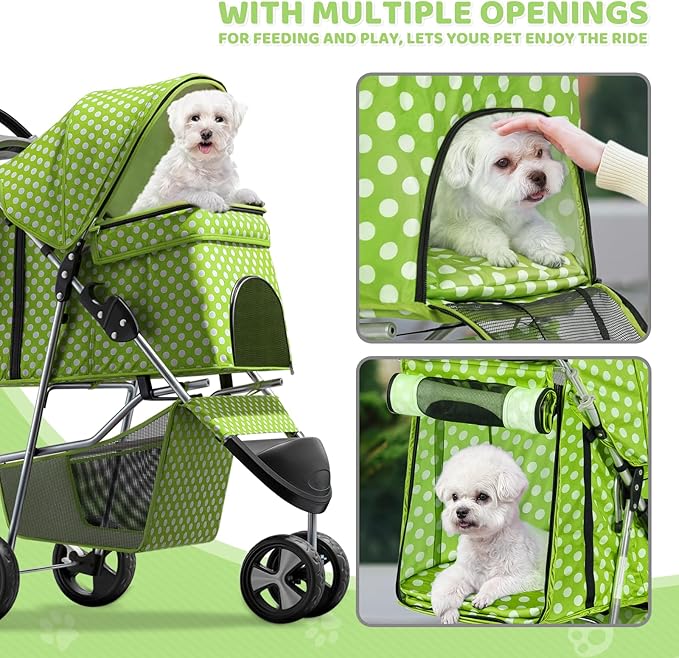 Magshion 3-Wheel Pet Stroller, Foldable Travel Jogger for Small & Medium Dogs & Cats (Up to 33lbs), Lightweight Carrier with Breathable Mesh Cover, Cup Holder & Storage Basket, Lawn Green Polka Dots