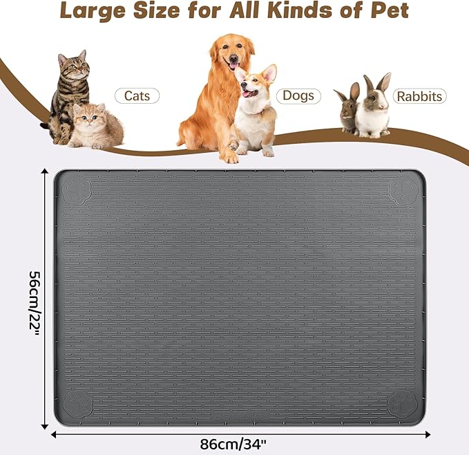 Cat Food Mat, 34" x 22" Large Silicone Pet Feeding Mat for Food and Water Bowls Non-Slip, Easy to Clean (Dark Grey)