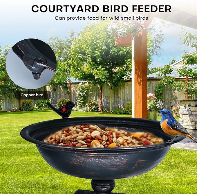 12-Inch Metal Bird Bath and Feeder for Outdoors, Deck Mounted Bird Bath with Detachable Basin, Garden Bird Bath for Balcony, Porch, and Railing, Outdoor Bird Decor, Bronze Color, Easy to Clean