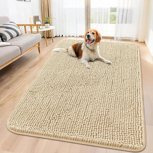 Smiry Dog Door Mat for Muddy Paws 59x32, Absorbs Moisture and Dirt Doormat, Non-Slip Washable Quick Dry Chenille Front Door Mat Indoor Entrance, Entryway Carpet for Inside Floor, Beige