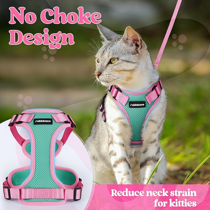 rabbitgoo Cat Harness and Leash Set, Escape Proof Soft Adjustable Vest Harnesses for Outdoor Walking, Easy Control Breathable Kitten Jacket with Reflective Strips, Green & Pink, S