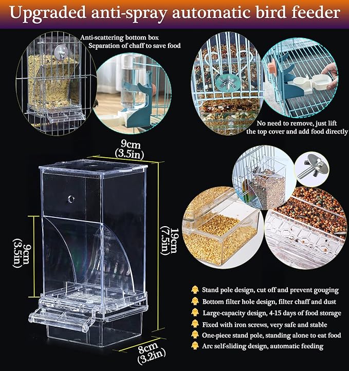 Kenond No Mess Bird Feeder Water Dispenser Set, Automatic Parrot Feeder Cage Accessories, Clear Parakeet Seed Container Food Drinker for Cage, Cockatiel Finch Lovebirds Budgies Canary (Blue)