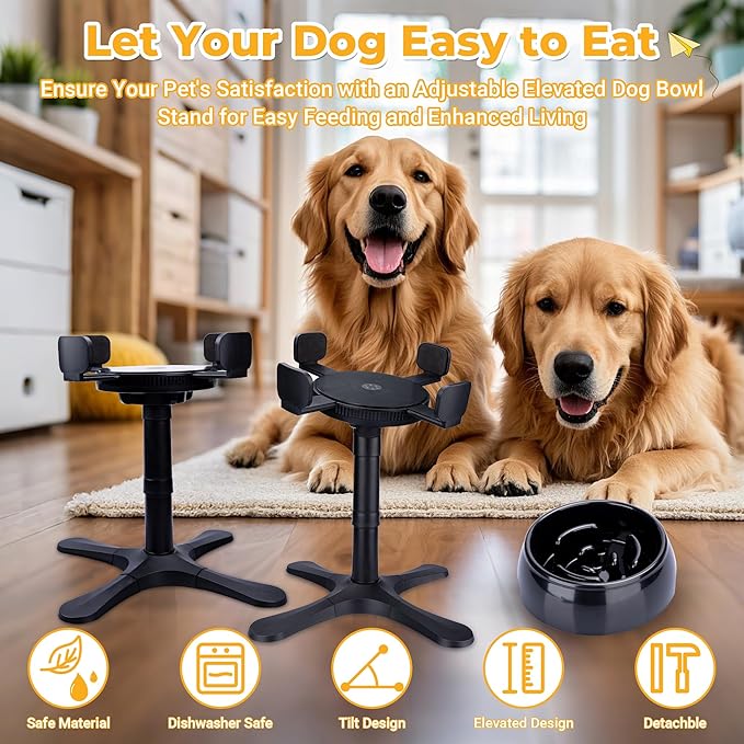 Elevated Slow Feeder Dog Bowl Adjustable Stand,Tilted ABS Base,Fits 5.5-9.5" Bowls, Anti-Spill & Non-Slip, Heavy Duty for Med/Large Dogs(with Round Bowls)