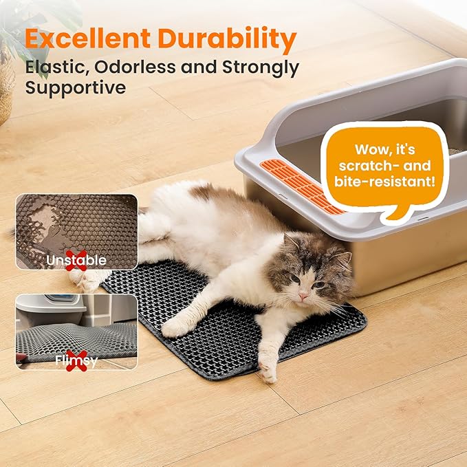 Small Cat Litter Mat, 20x14’’ Double Layer Honeycomb Cat Litter Box Mat, Non Slip Waterproof Urine Proof Litter Trapping Mat for Floor, Kitty Litter Pad, Indoor Pet Supplies, Black