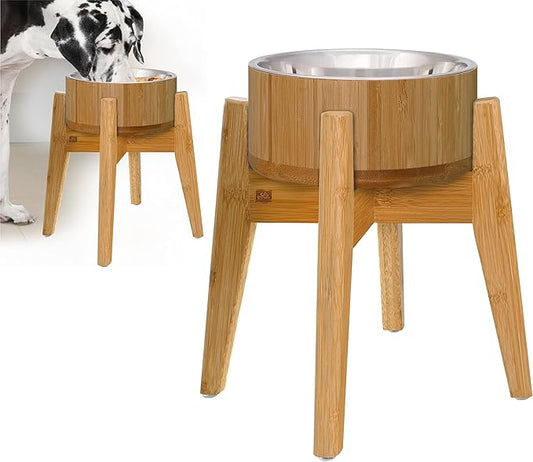 Raised Dog Bowl - Elevated 12-inch, Ideal for Large Breeds - Treats, Dry and Wet Foods Suitable - Deter Ants/Bugs, Tip-Over Resistant Stand - Steel and Bamboo