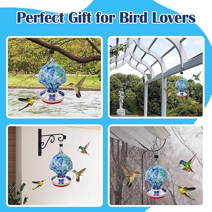 Glass Hummingbird Feeder with Ant Moat 25.4 OZ Large Capacity Hand Blown Glass Blue Hanging Wild Bird Feeder for Backyard Garden Outdoors Decorations with Hook Brush Birds Lovers Gift