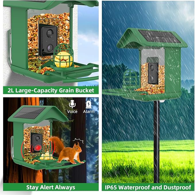 Smart Bird Feeder with Camera Solar Powered,AI Species Identify,2K HD Auto Capture Video,Instant Arrival Alerts,2L Large Capacity,IP65 Waterproof,Hummingbird Feeders for Outdoors,Gift for BirdLovers