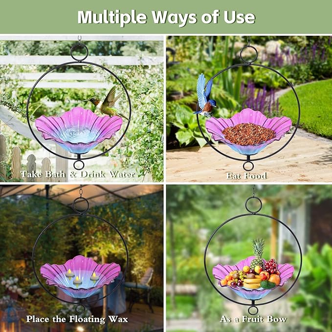 MUMTOP Hanging Bird Bath-Bird Baths for Outdoors - Flower Glass Bird Water Bowl with Hanging Circle, Bird Feeders for Outside, Garden, Lawn Yard Decor（Pink）