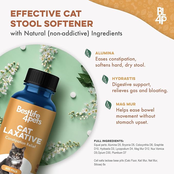 Cat Laxative Constipation Relief, Natural Cat Stool Softener Remedy for Irregular Bowel Movements Without Feline Diarrhea, Supports Feline Digestion & Gas Pain Relief, 400 Odorless, Tasteless Pills