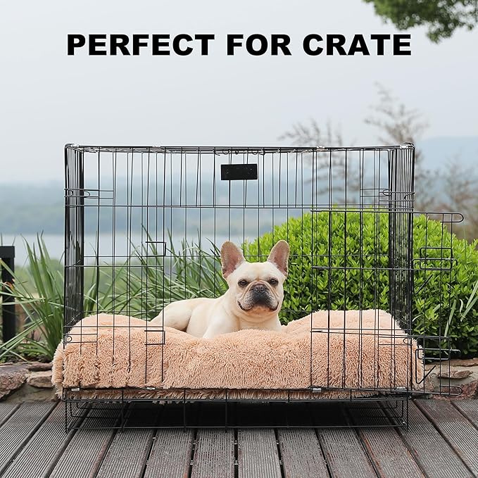 Bedfolks Waterproof Dog Crate Bed,Plush Dog Bed with Removable Washable Cover,Faux Fur Dog Crate Pad for Large Dogs,Fluffy Dog Kennel Bed 35"x23",Solid Camel