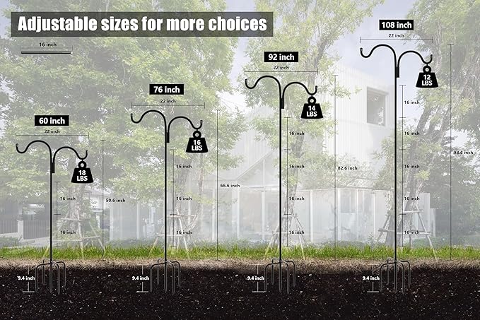 Gtongoko Double Shepherds Hook for Outdoor, 92 Inch Bird Feeder Pole with 5 Prongs Base, 5/8 Inch Thick Heavy Duty Adjustable Garden Hook for Hanging Plant, Lantern, Hummingbird Feeder, 1 Pack