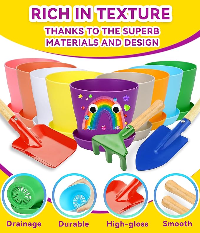 PAITIN Paint & Plant Garden Pot Craft Kit - 4 Inch Plant Pots, Kids Gardening Tools, Labels, Paints, Brushes, Gem & Eye Stickers - Perfect Spring Crafts Gifts for Women & Kids