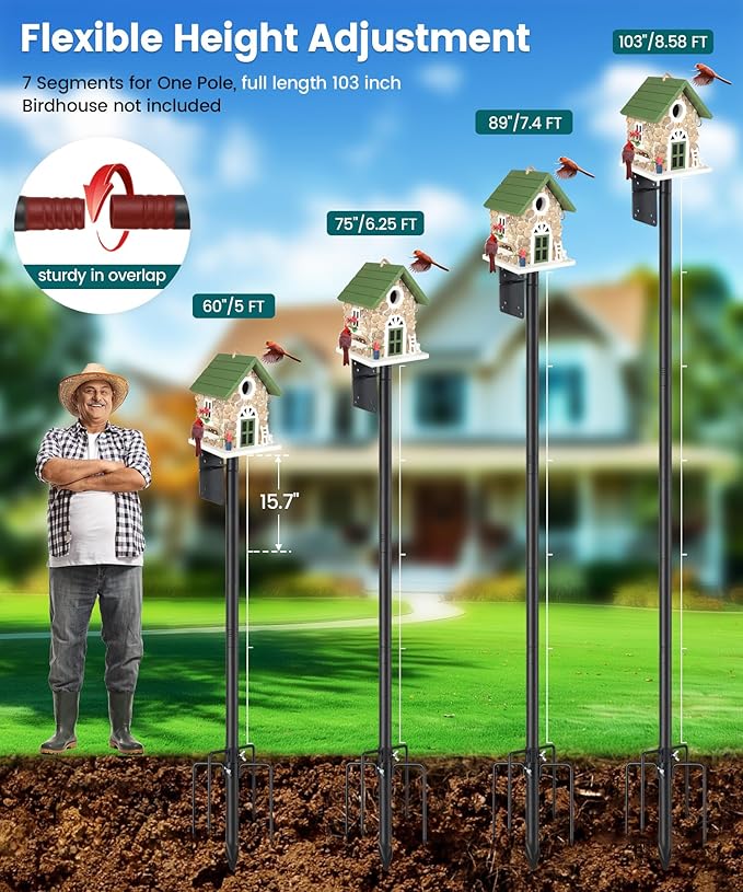 Bird Feeder Pole, 103 inch Bluebird House Pole for Outside Heavy Duty with 5 Prongs Base, Smart Bird Feeder Stand for Outdoor Wild Birds Watching, Birds Buddy Mounting Poles