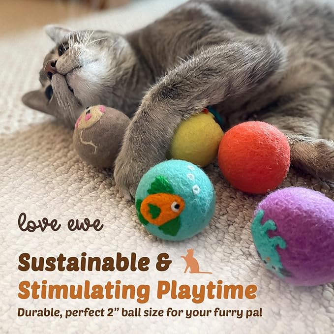Hustle & Blush Wool Felt Balls - 3 Pack Love Ewe Pet Supplies – 2in Colorful & Durable Cat Toys Handmade from New Zealand, Ideal for Indoor Play and Mental Stimulation – Fish & Bird Design