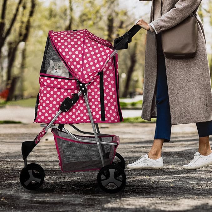 MoNiBloom 3 Wheels Pet Dog Cat Stroller for Small Medium Dogs Cats, Foldable Jogger Stroller w/Storage Basket and Cup Holder, Hot Pink Polka Dots