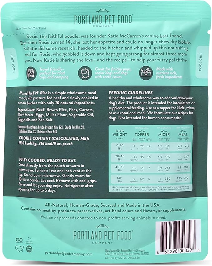 Portland Pet Food Company Fresh Dog Food Pouches - Human-Grade Toppers Wet Pet Meal & Mixers - Small & Large Breed Puppy & Senior Dogs - Gluten-Free, Limited Ingredient Rosie’s Beef N' Rice - 5 Pack