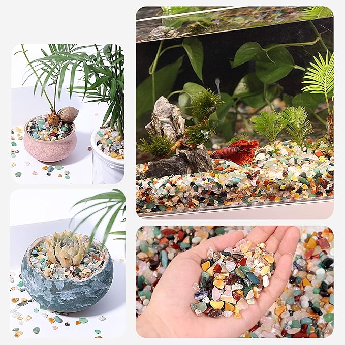 Mixed Crushed Crystal Chips Bulk 1lb 1200+Pcs Assorted Tumbled Stone Chips Natural Polished Mixed Chakra Aquarium Gravel Rocks for Plants Terrarium Supplies Fish Tank Gravel Pebbles Vase Filler
