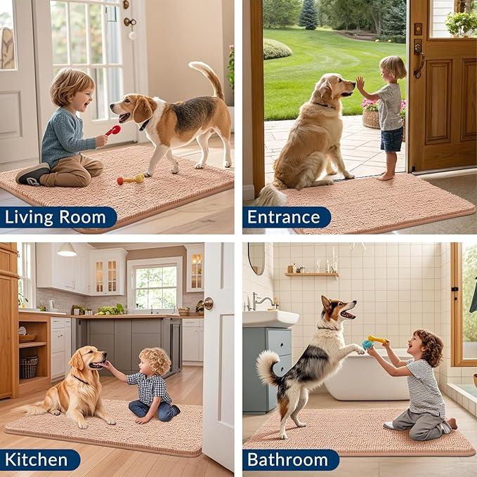 Smiry Dog Door Mat for Muddy Paws 30x20, Absorbs Moisture and Dirt Doormat, Non-Slip Washable Quick Dry Chenille Front Door Mat Indoor Entrance, Entryway Carpet for Inside Floor, Peach