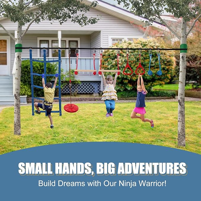 Slsy Ninja Warrior Obstacle Course for Kids, 50FT Durable Ninja Slackline Kit with 8 Complete Accessories, Playset Equipment with Swing, Climbing Net, Ladder & Monkey Bars (8 Obstacles)