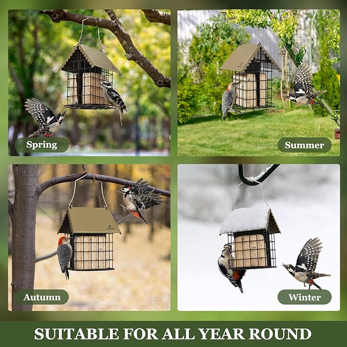 Kingsyard Double Suet Bird Feeder with Weatherproof Roof & Perch, All Metal, Suet Cakes Cage Bird Feeder for Outdoors Hanging, Easy to Clean & Refill, Brown