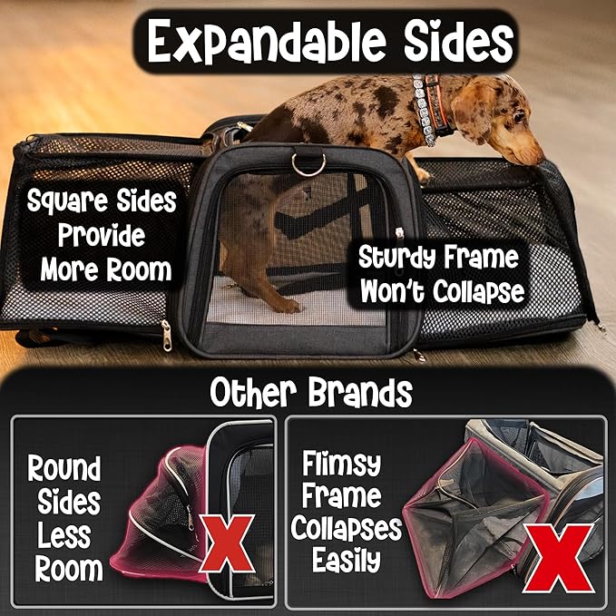 Pet Carrier with Wheels | Delta American Frontier Airline Approved | Two Expandable Sides, Storage Pockets Adjustable Leash | Rolling Dog and Cat Carrier TSA Compliant (Black 17x11x11)