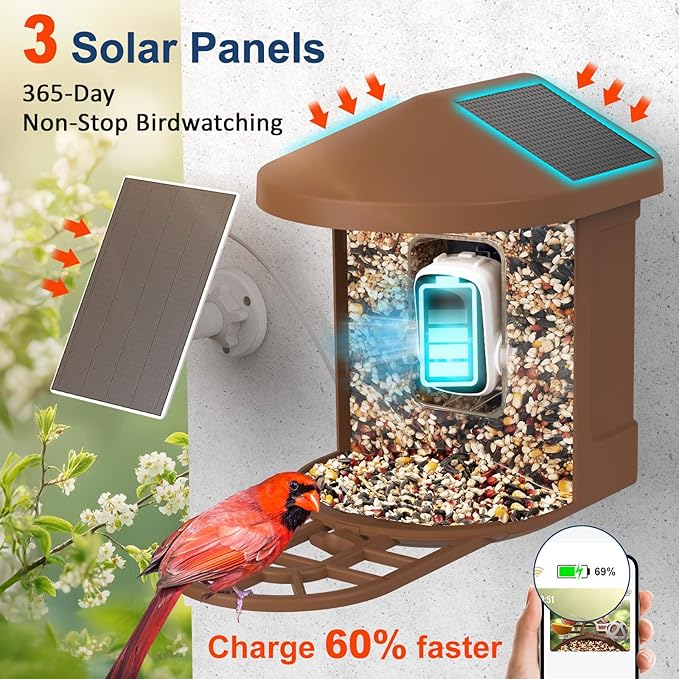 PeckCam® Bird Feeder with Camera with AI Identify 10000+ Birds Species, 3 Solar Panels, 2K Live View, Instant Arrival Alerts, Smart Bird House with Cam, Gift for Bird Lovers