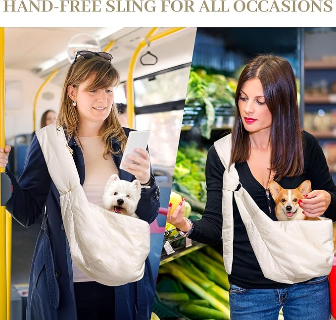 FUKUMARU Dog Sling, DIY Strap Puppy Carrier Sling for 5-12lbs Small Dogs, Ultralight Cat Travel Purse with Mesh Bag, Pets Papoose Carrier Foldable and Machine Washable, 22.44 * 16.9 * 11.8inch(Cream)