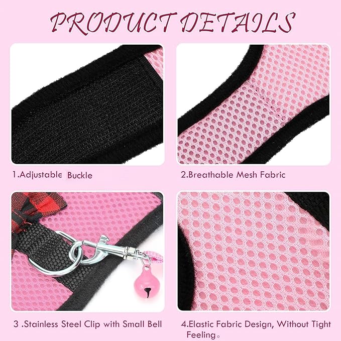 4 Pieces Guinea Pig Harness and Leash Soft Mesh Small Pet Harness with Bowknot Bell, No Pulling Comfort Padded Vest for Guinea Pigs, Ferret, Chinchilla, Bunny, Rats, Iguana, Hamster