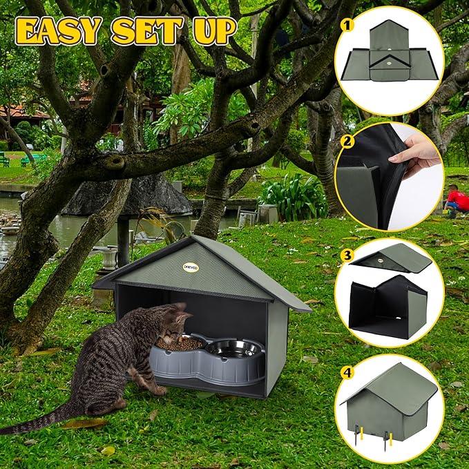 Dreyoo 1 Pack Outdoor Cat Feeding Station for Food & Water, Weatherproof Outdoor Kitty Dining Room Cat Shelter for Stray, Feral Cats and Community Cats, 13”d x 17”w x 15.5'h (Dark Green)