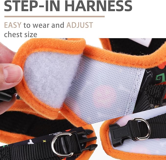 PUPTECK Adjustable Dog Harness Collar and Leash Set Step in No Pull Pet Harness for Small Medium Dogs Puppy and Cats Outdoor Walking Running, Soft Mesh Padded Reflective Vest Harnesses, Halloween, S
