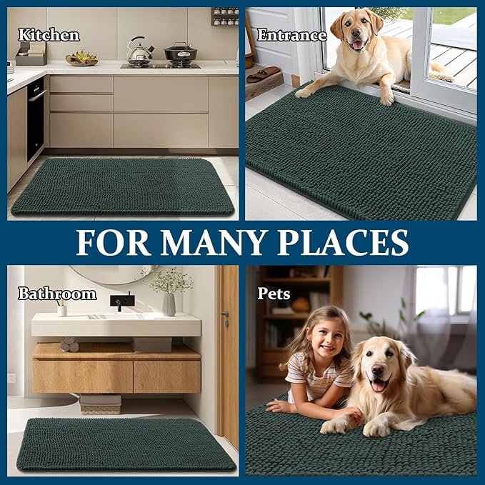 OLANLY Dog Door Mat for Muddy Paws 44x32, Absorbs Moisture and Dirt, Absorbent Non-Slip Washable Doormat, Quick Dry Chenille Mud Mat, Entry Indoor Entryway Carpet for Inside Floor, Blackish Green