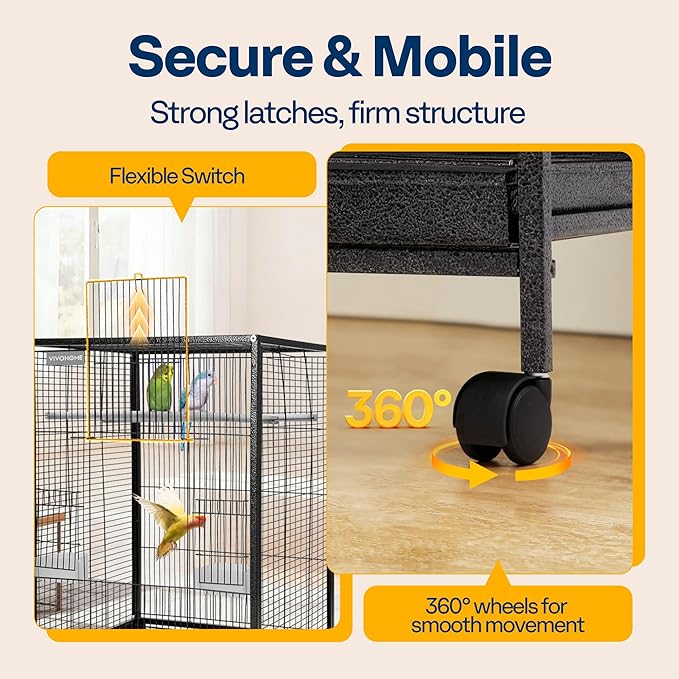 VIVOHOME 54 Inch Wrought Iron Large Bird Flight Cage with Rolling Stand for Parakeets Canaries Cockatiels Lovebirds Conures, Black