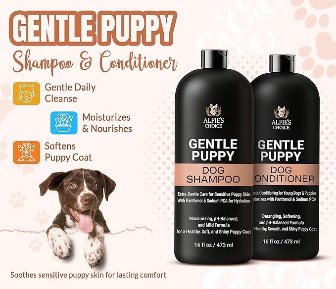 Gentle Puppy Dog Shampoo and Conditioner Set – Moisturizing Pet Grooming Wash for Sensitive & Itchy Skin – Lavender & Biotin Formula – Safe for Puppies & All Breeds, 16 fl oz Each by ALFIE'S CHOICE